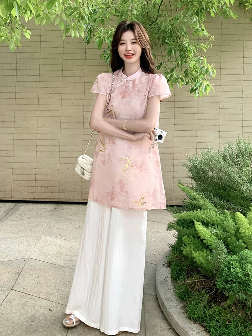 新中式国风粉色旗袍衬衫女夏新款温柔风显瘦上衣9983
