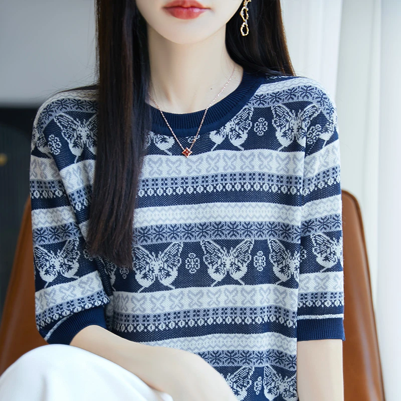 法式复古风文艺提花薄款针织短袖女凉感透气宽松百搭条纹短袖上衣