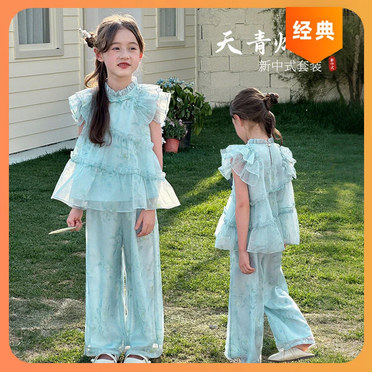 儿童时髦休闲国风套装童装2025年大童中式洋气阔两件套图图小象