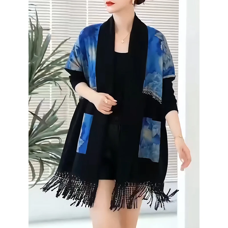 9553#春秋针织衫开衫外搭洋气高档印花披肩斗篷秋季宽松毛衣外套
