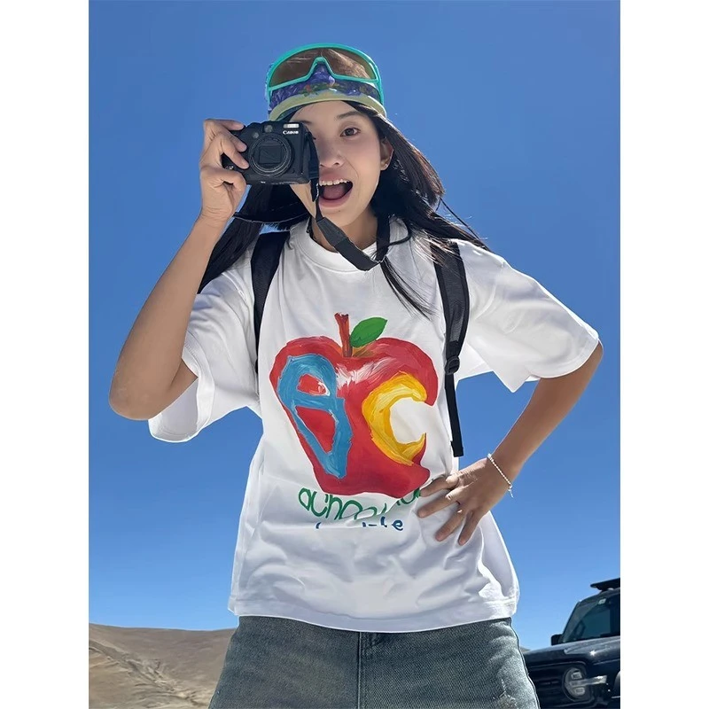 潮牌白色苹果印花短袖恤女夏季美式设计感小众宽松纯女户外穿搭