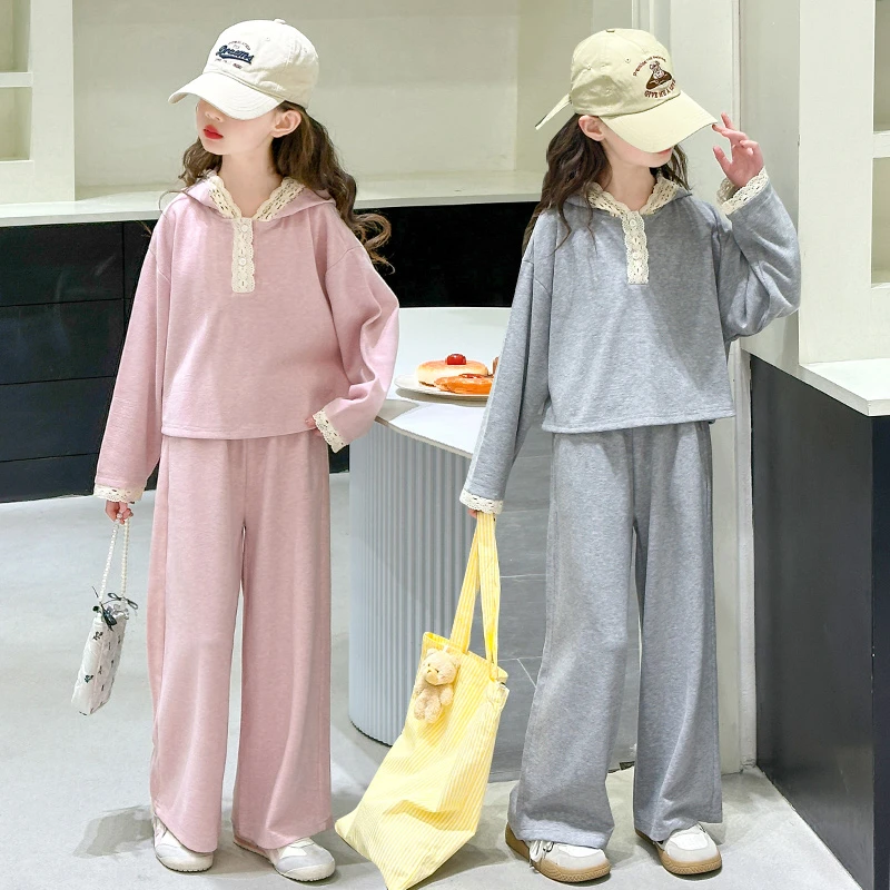 女童套装2025新款儿童春装洋气时髦蕾丝花边卫衣阔腿裤休闲两件套