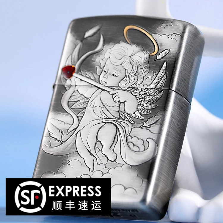 ZIPPO打火机爱神丘比特浮雕熏银镶嵌宝石心七夕礼物男友DY8712DK