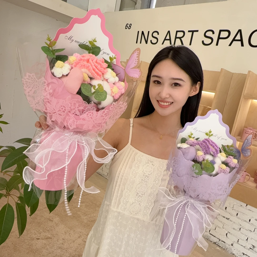 母亲节针织玫瑰康乃馨毛线花成品花束妈妈生日礼物创意礼品石