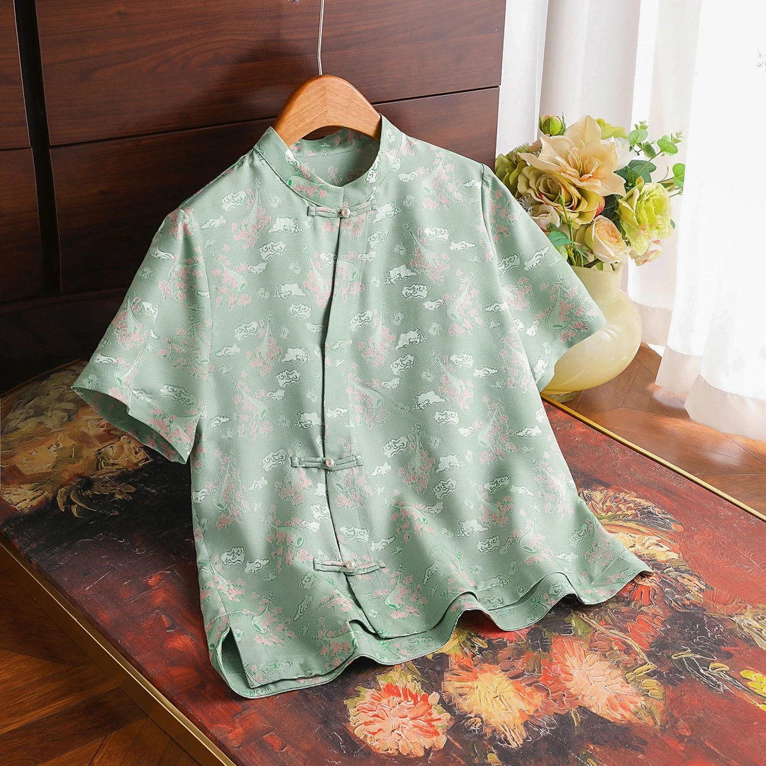 《行云流水》异色罗宋锦100%桑蚕丝斜襟新中式国风端庄大气上衣夏