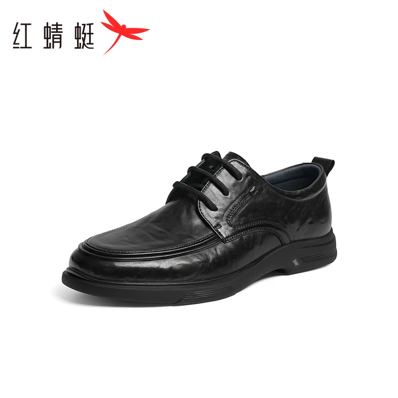 红蜻蜓真皮男士皮鞋冬季新款商务休闲通勤系带单鞋软底一脚蹬