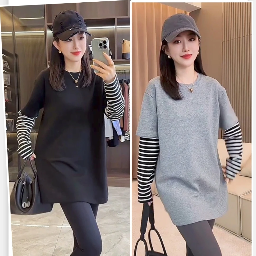 欧韩百搭中长款T恤时尚气质韩版遮肉外穿设计休闲条纹长袖轻职风