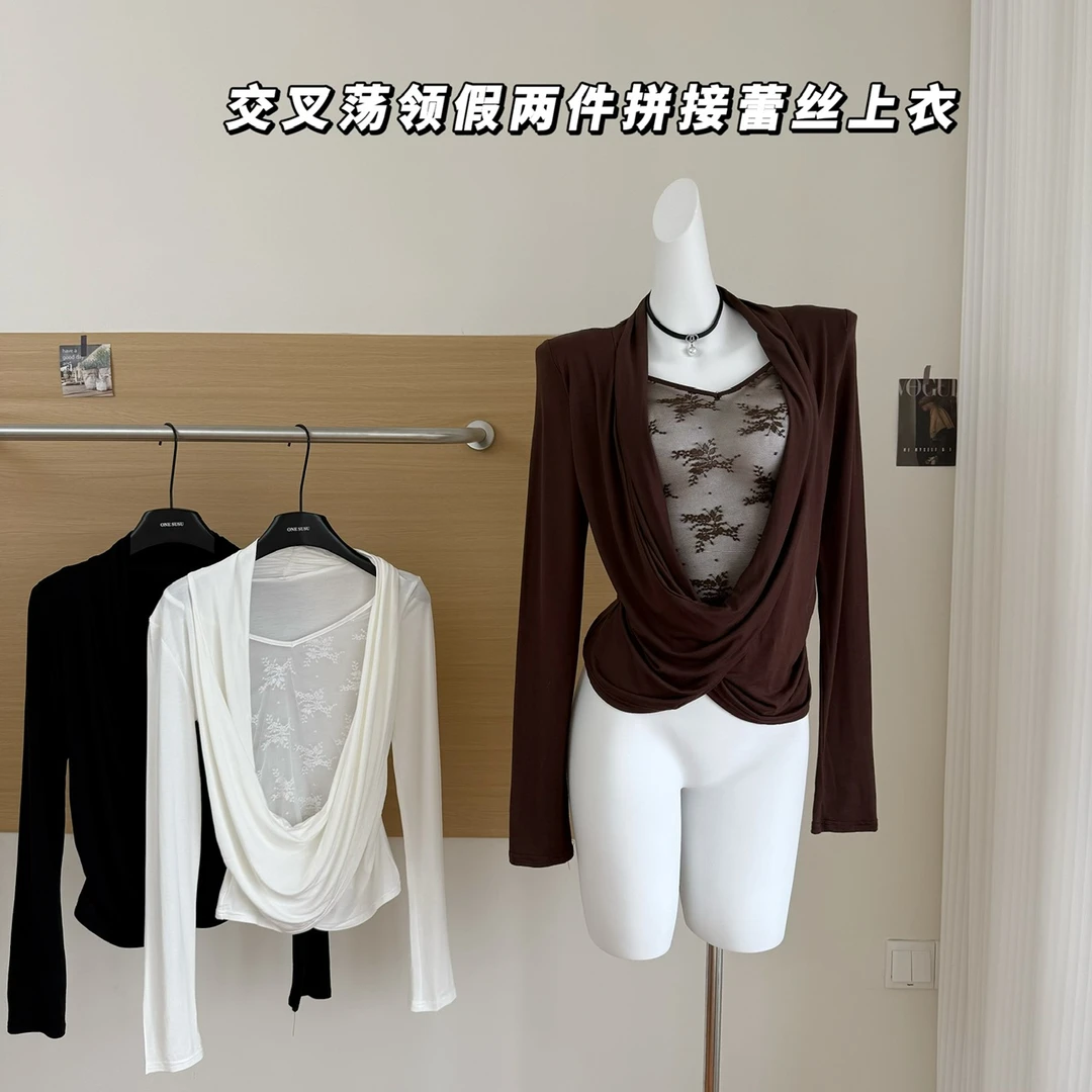艺等甜辣交叉荡领长袖T恤小心机假两件拼接蕾丝独特漂亮小衫上衣