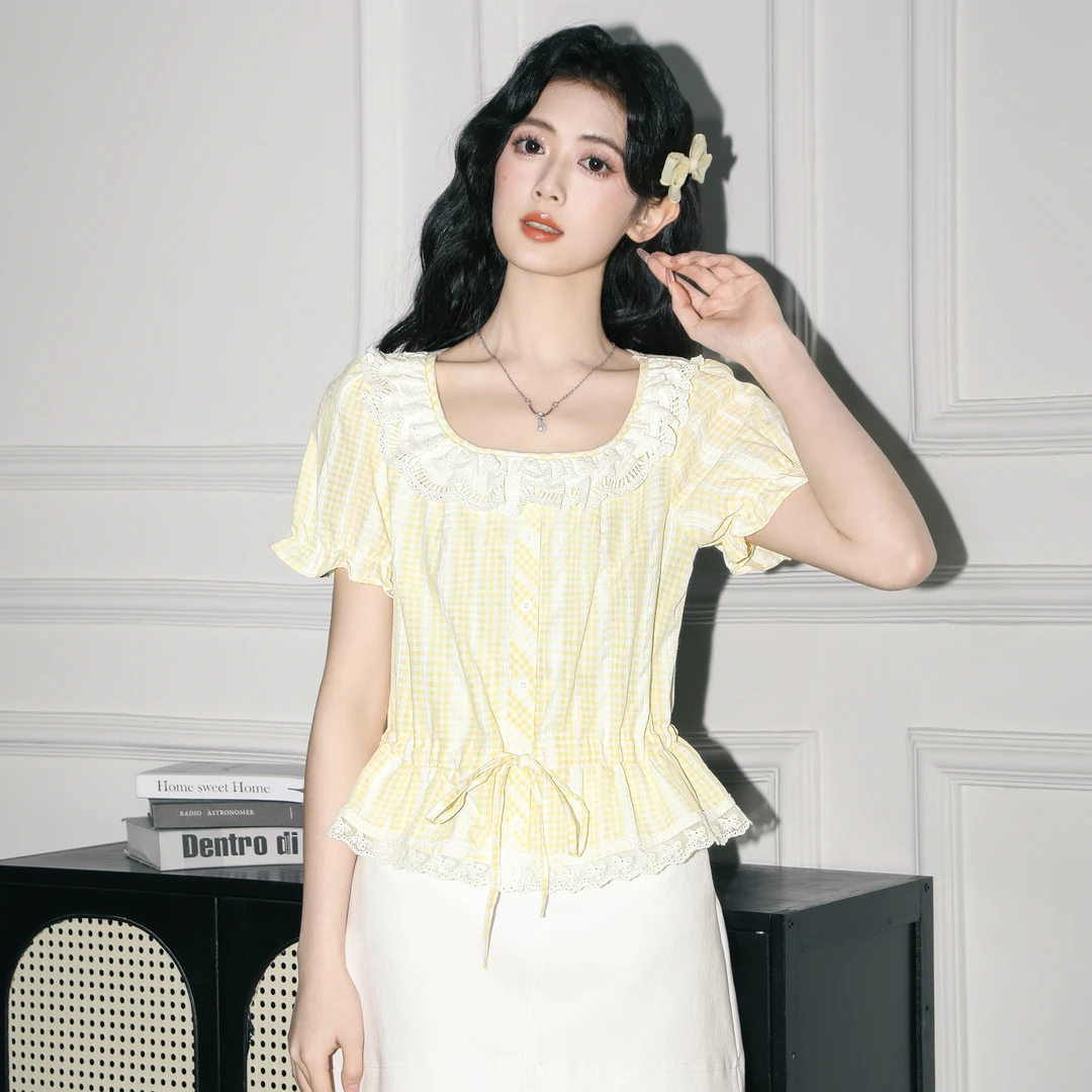 黄色格子短袖衬衫女夏2025夏季新款蕾丝花边收腰衬衣泡泡袖短上衣