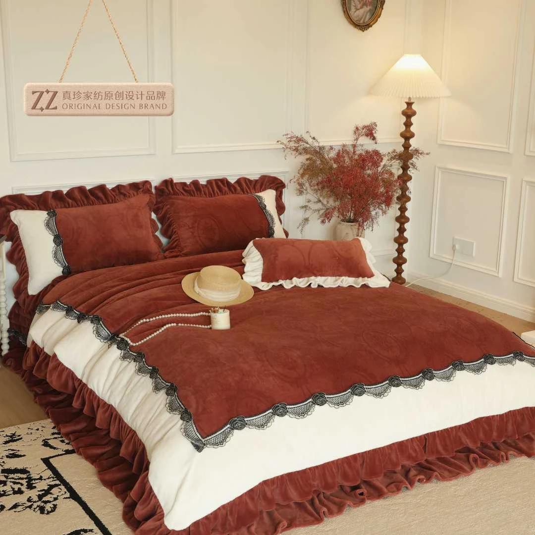 【真珍】高端法式浪漫喜庆公主风牛奶绒奶肤绒床盖四件套13斤+