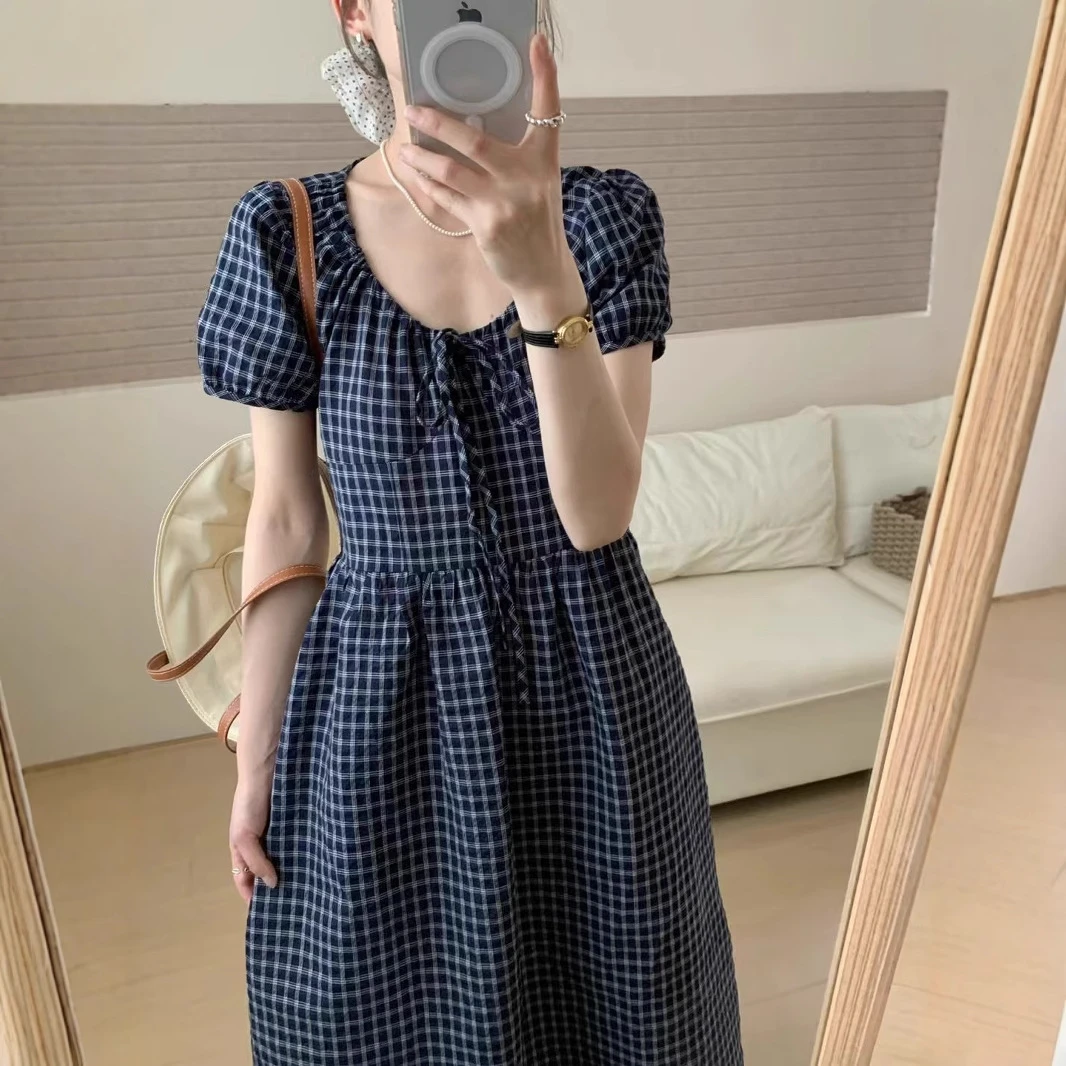 2025年夏季新款韩系ins气质 格子 系带显瘦 中长款连衣裙女装