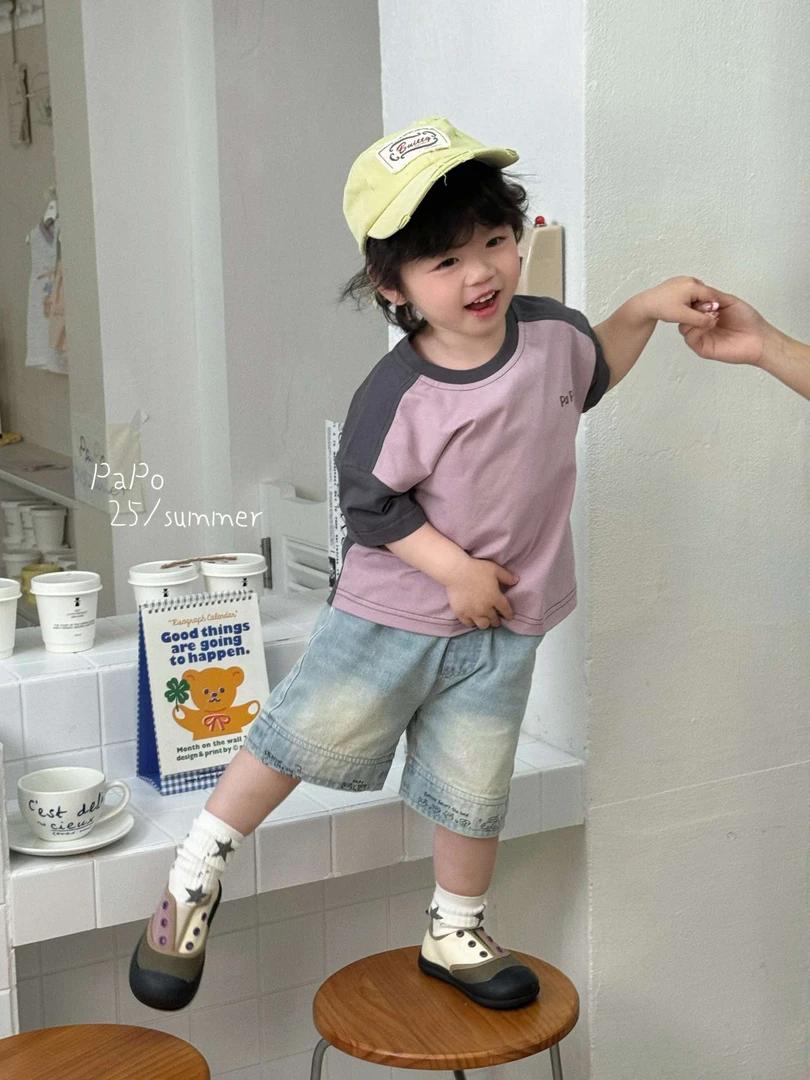 赫一童品papo25夏拼接撞色后背小熊印花可爱短袖印花牛仔短裤