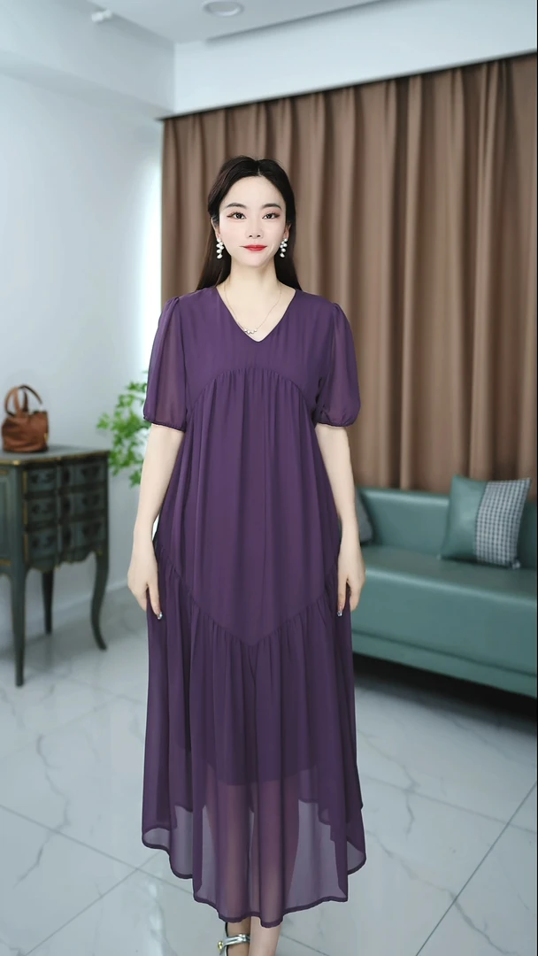 F22紫色高级感法式连衣裙遮肉显瘦宽松百搭大码女装
