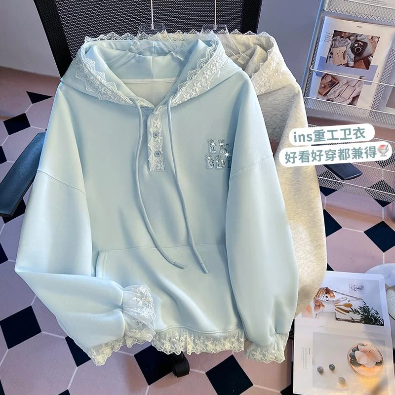 巴拉童年法式蕾丝拼接连帽卫衣少女秋装2025新款初高中学生设计感