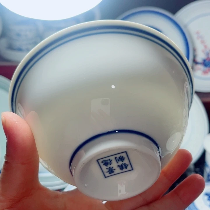 青花玲珑5寸饭碗手绘蓝边
