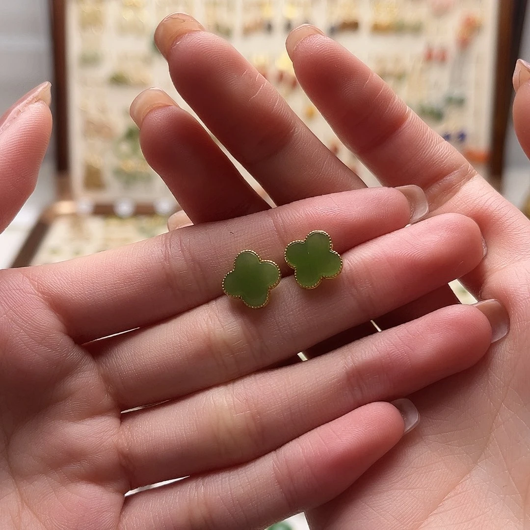 和田玉银S925镀金镶嵌耳饰