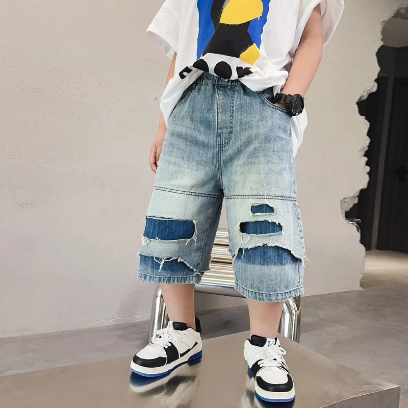 男童痞帅破洞短裤夏季宽松工装牛仔五分裤复古休闲薄款S7617