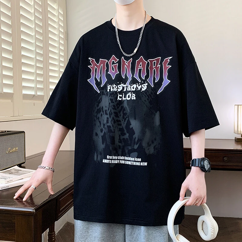 2025夏款青少年男学生短袖T恤宽松休闲百搭透气舒适潮流港风印花