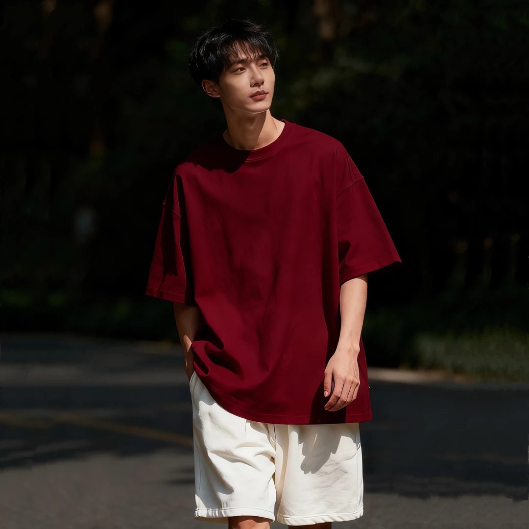100%纯棉美式休闲纯色酒红色宽松短袖T恤夏季圆领男女百搭款简约