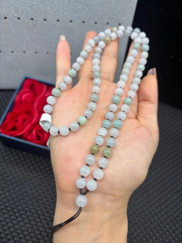 天然缅甸翡翠A货马卡龙多色圆珠7mm玉石挂件绳珠链轻奢男女款颈链