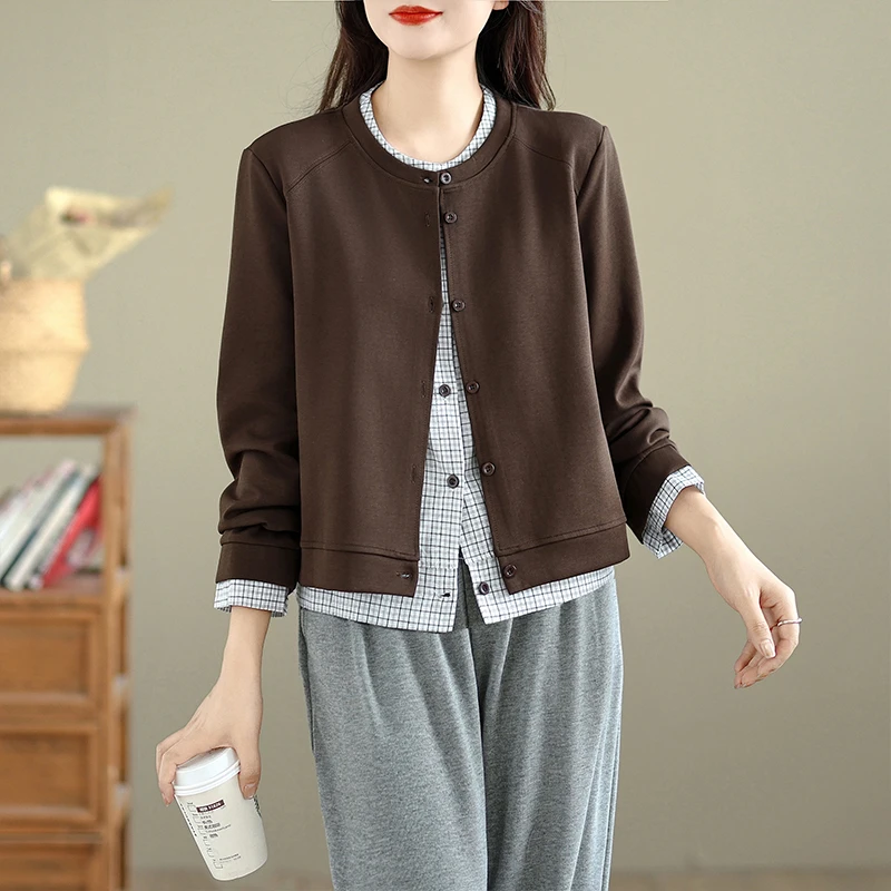 韩系格子拼接假两件咖啡色长袖圆领短外套女减龄休闲百搭针织上衣