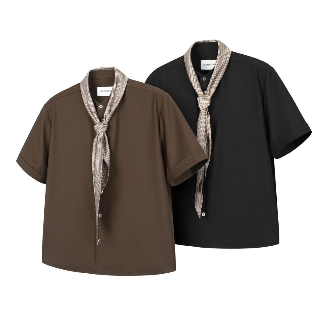 DESERTO 千鸟格缎面丝巾领拼接TR混纺亨利领休闲夏季短袖衬衫男