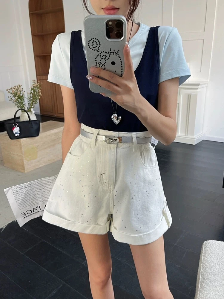 【7223】可#白色休闲百搭卷边牛仔短裤