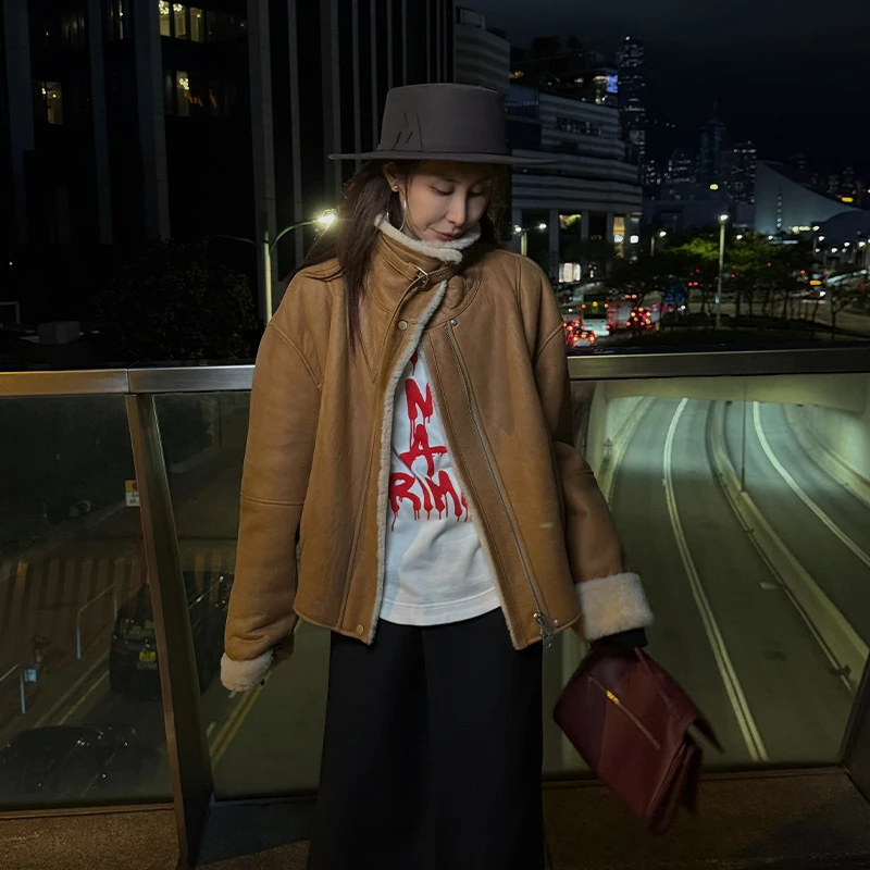 EXPAPARICH 复古暖绒皮毛一体立领夹克