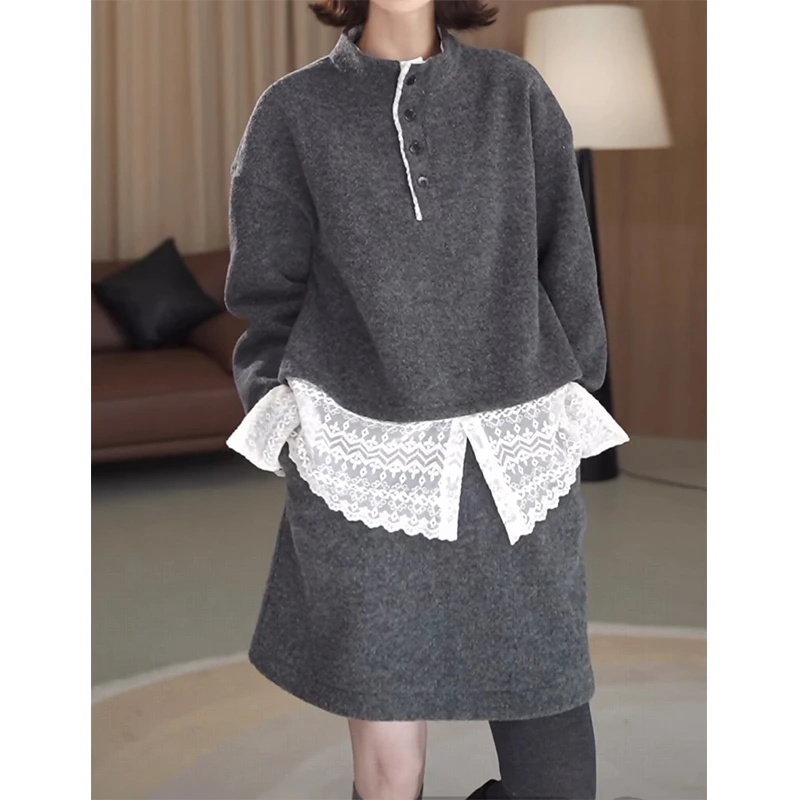 韩系一整套穿搭秋冬新款设计感假两件蕾丝拼接卫衣显瘦半身裙套装