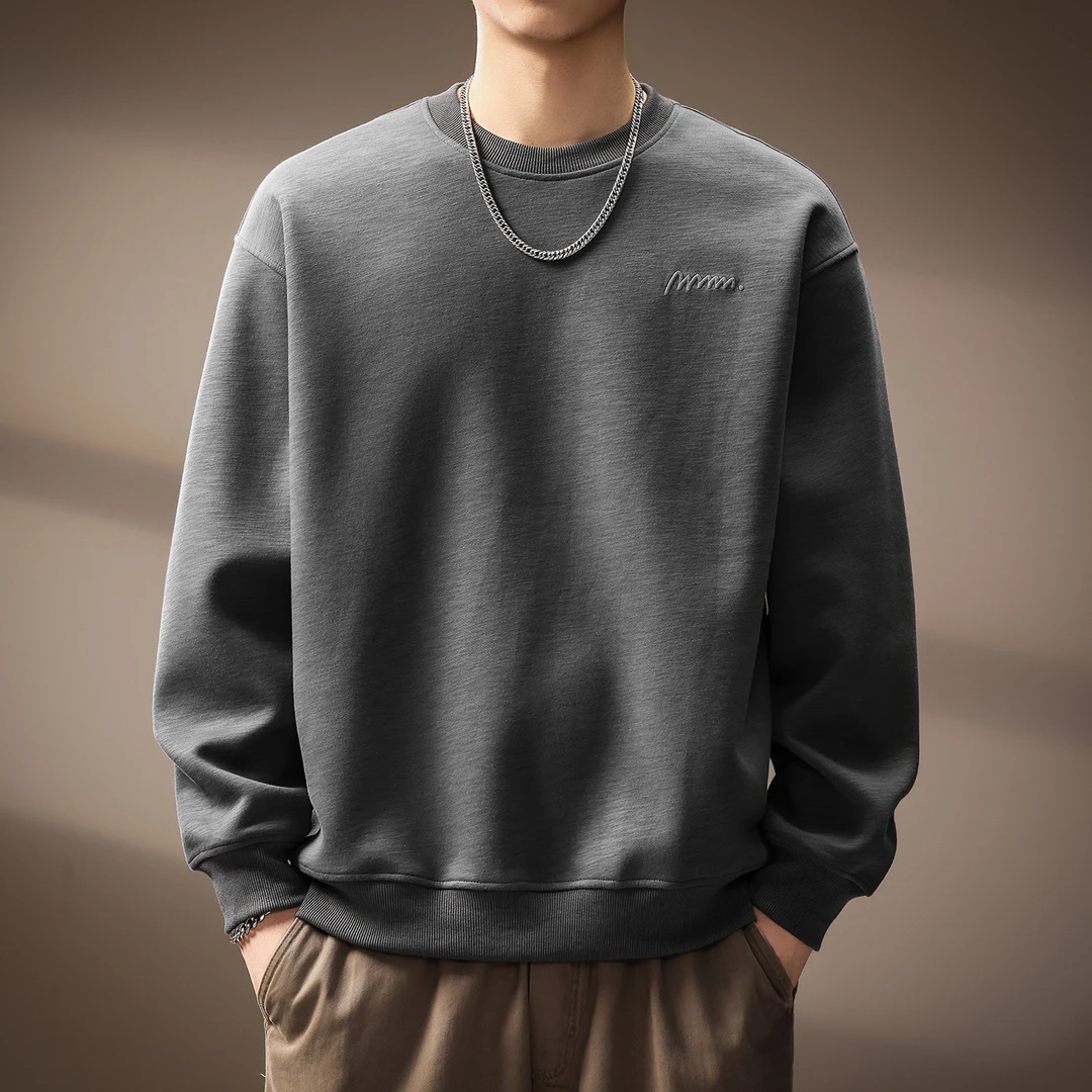 高端美式重磅圆领竹节纹理卫衣男士2025秋季加绒潮流宽松简约上衣