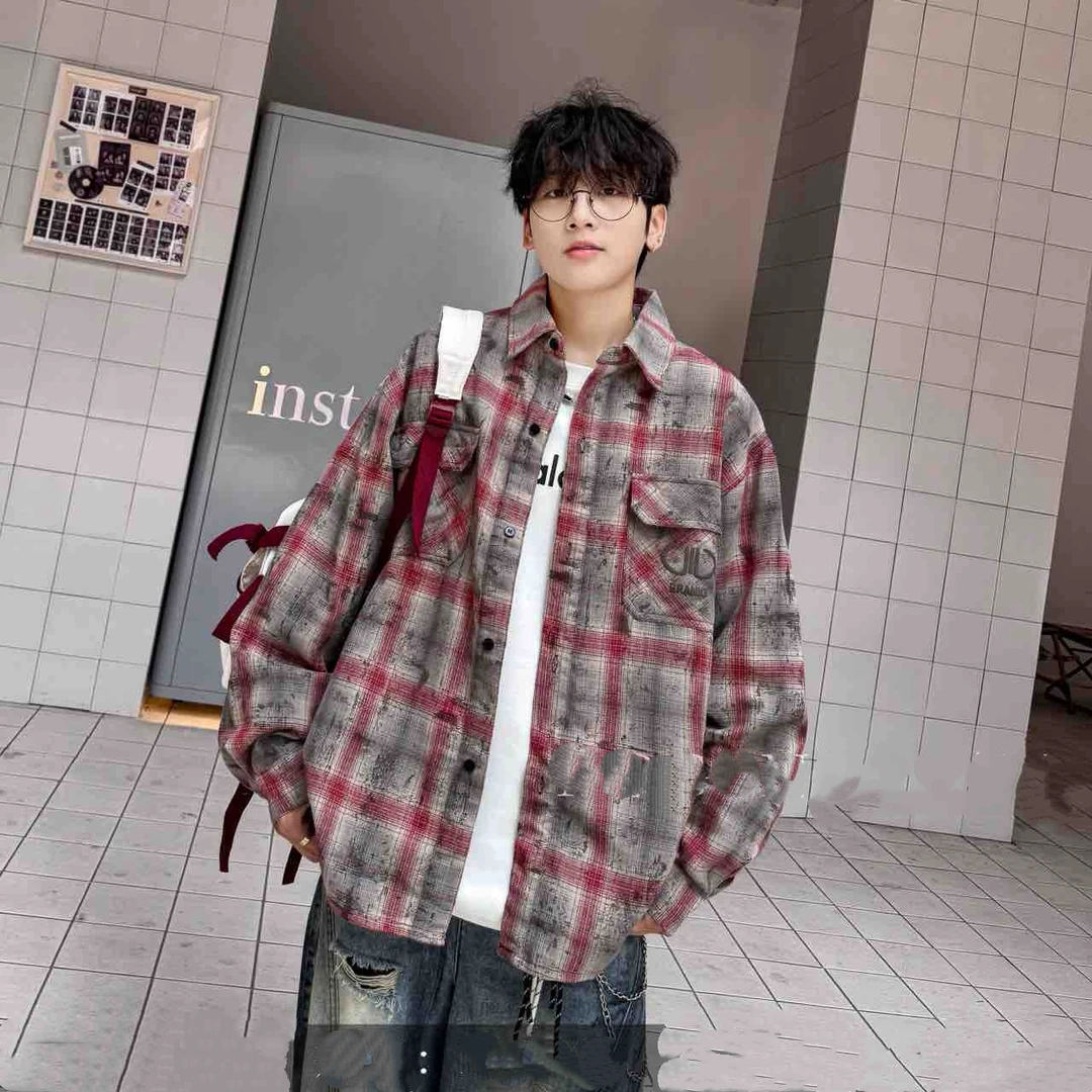 宽松港风格纹宽松帅气青少年衬衫