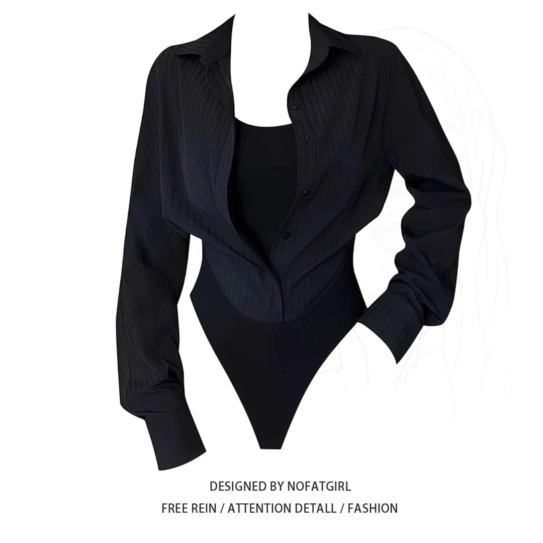 大码胖MM黑色假两件拼接衬衫女早秋季新款长袖收腰设计感上衣外套