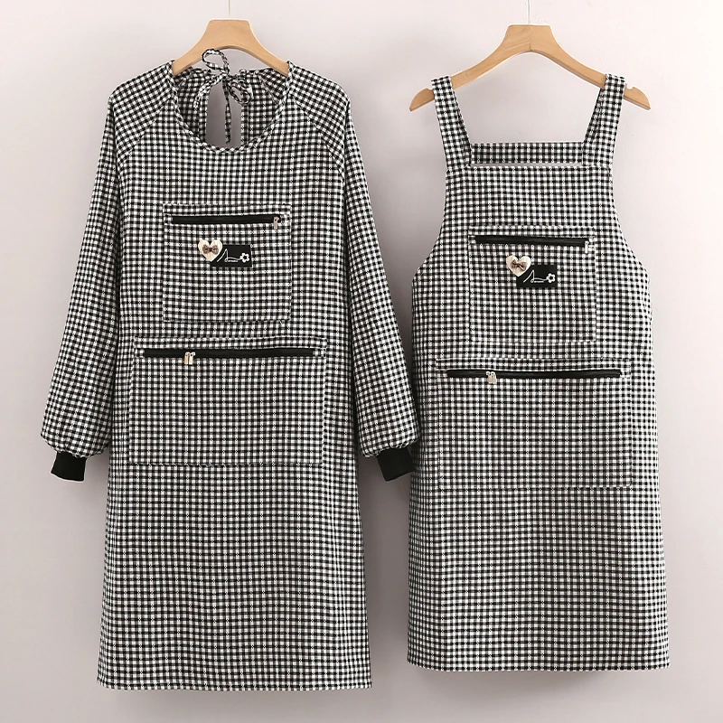 厨房餐饮专用背带围裙格子款透气工作服拉链双口袋耐磨长袖罩衣