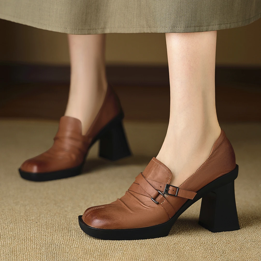 复古头层软羊皮高跟鞋9cm粗跟防水台真皮单鞋方头厚底女士小皮鞋