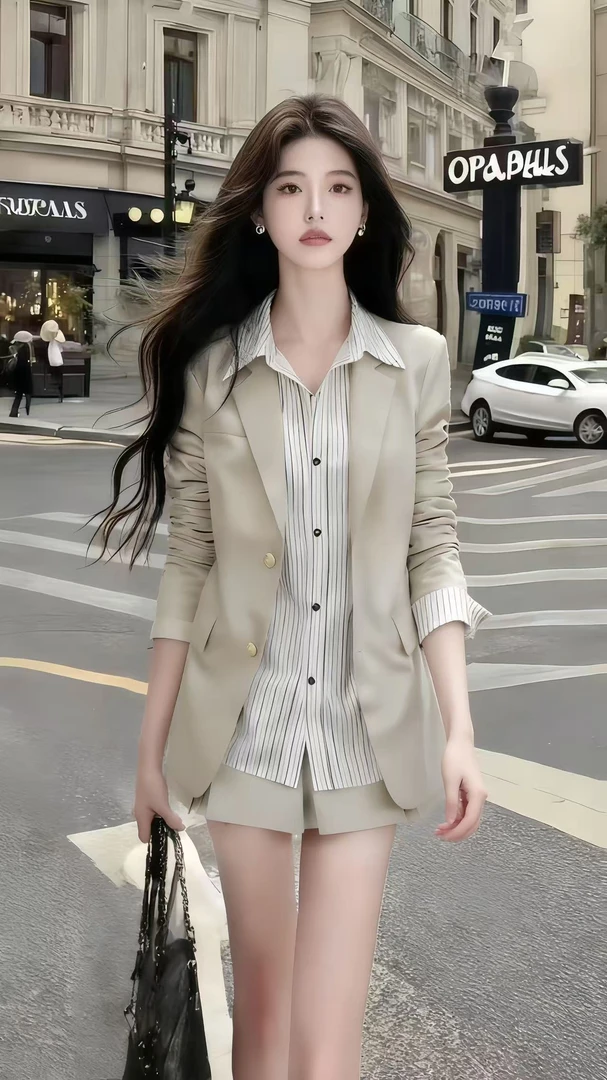 新款秋季氛围感老钱风穿搭条纹修身长袖衬衫+百搭休闲外套两件套