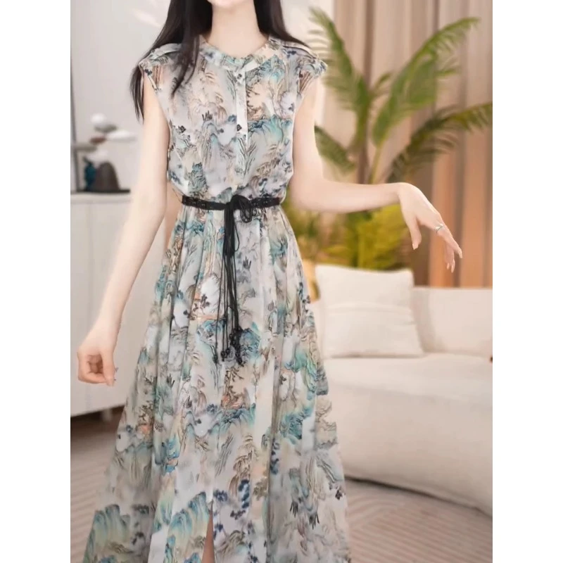 羽希高档印花腰带轻奢连衣裙2025夏季新款遮肚修身显瘦中长款裙子
