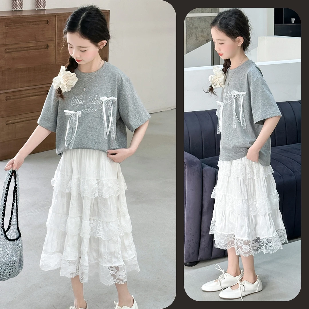 女童夏季短袖蕾丝花边长裙套装6~12岁中大童洋气时尚甜美韩版潮款