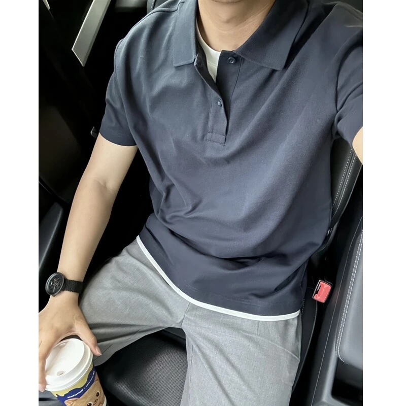 领口压胶珠地棉假两件POLO衫休闲高级翻领短袖T恤CS2625-