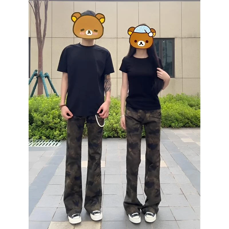 美式高街迷彩牛仔裤男女款春秋季工装裤子修身窄版休闲直筒微喇裤
