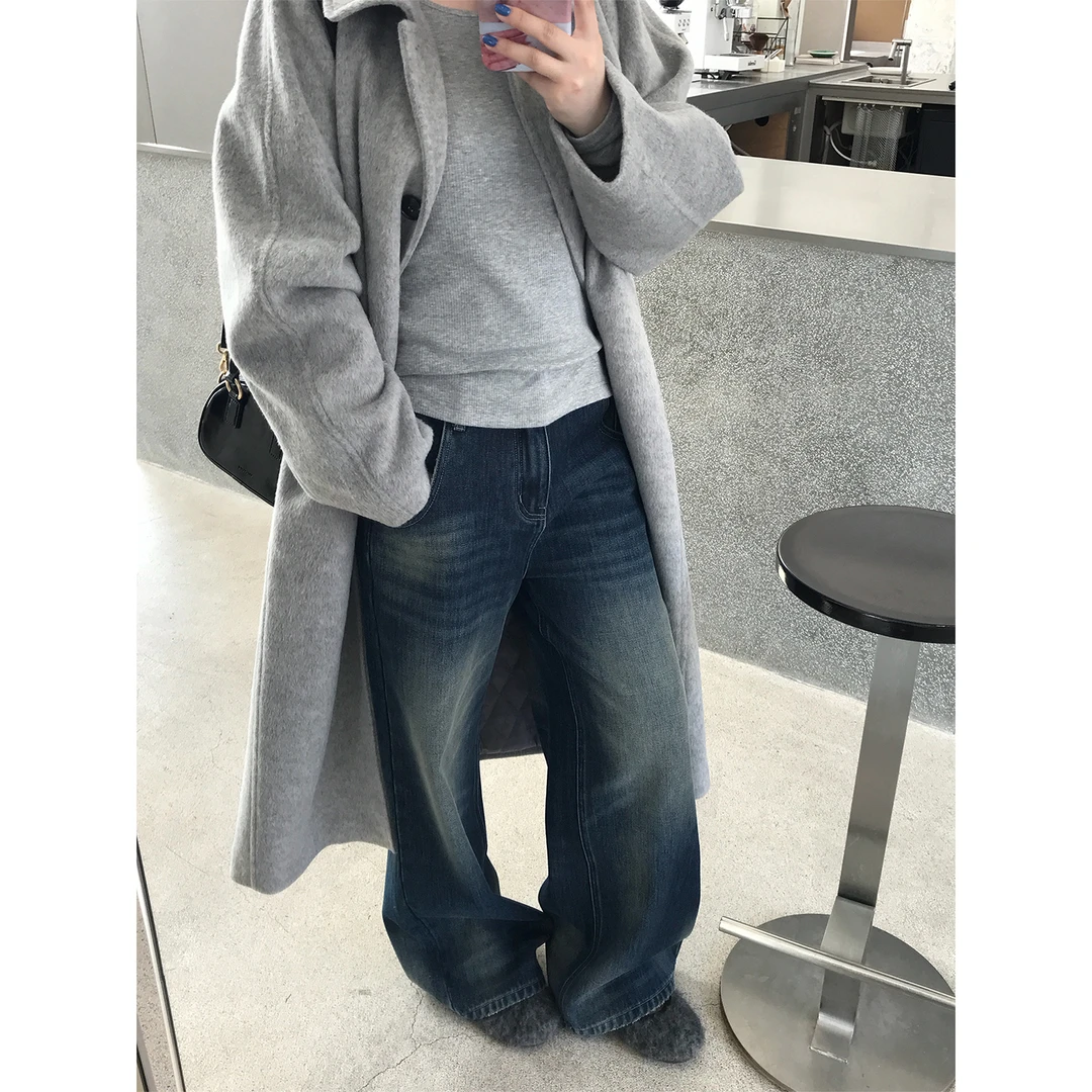 Vegetable Orbs长腿密钥 复古水洗蓝加厚加绒显腿长阔腿牛仔裤女