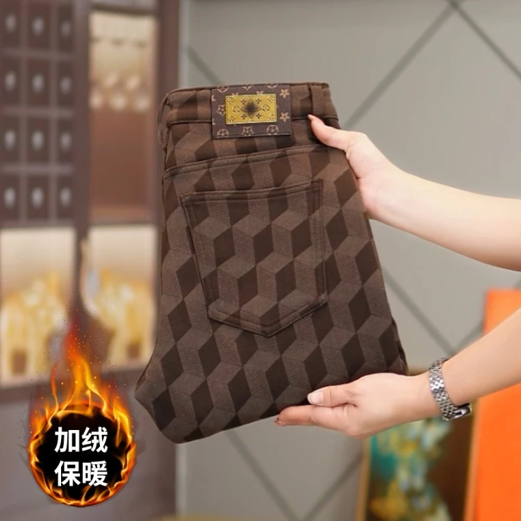 加绒牛仔裤男士冬季厚款高档咖啡色格子修身弹力时尚潮流格子裤男