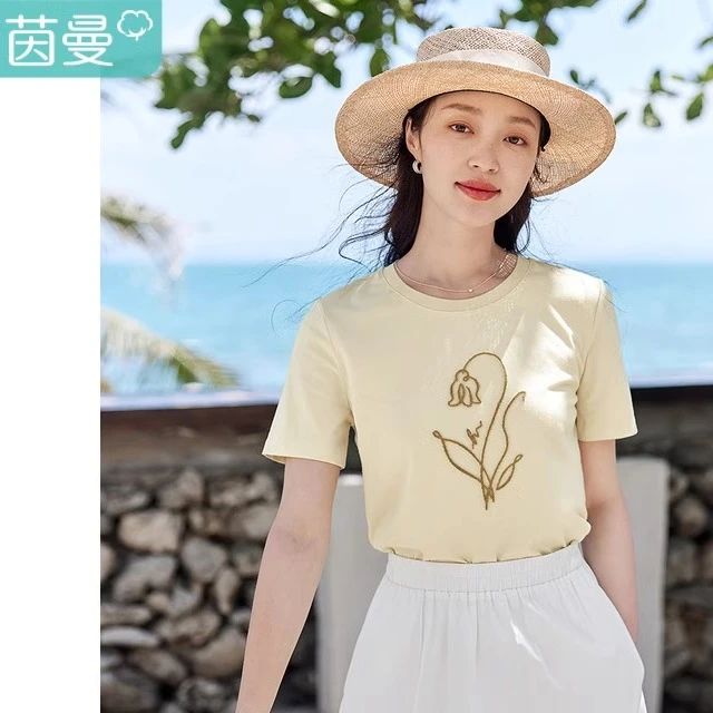 【商场同款】茵曼夏季女T恤上衣短袖纯棉女装休闲新款刺绣圆领精致
