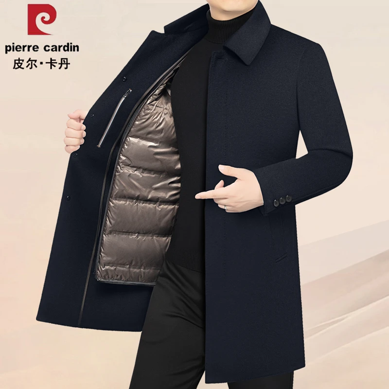 皮尔卡丹男装毛呢大衣外套秋冬季新款羽戎内胆拆卸休闲上衣爸爸装