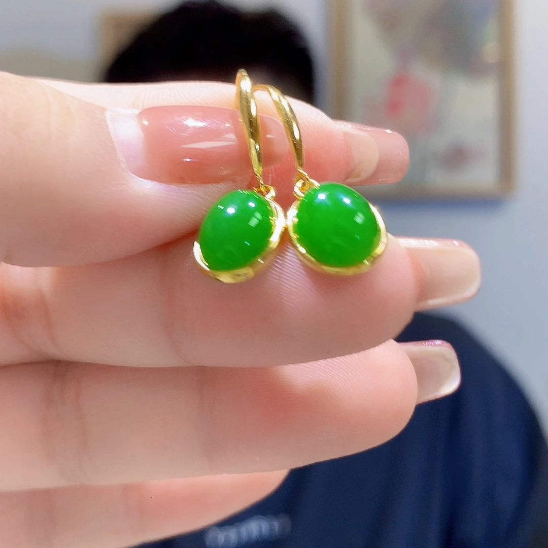 和田玉（碧玉）银S925镀金镶嵌耳饰