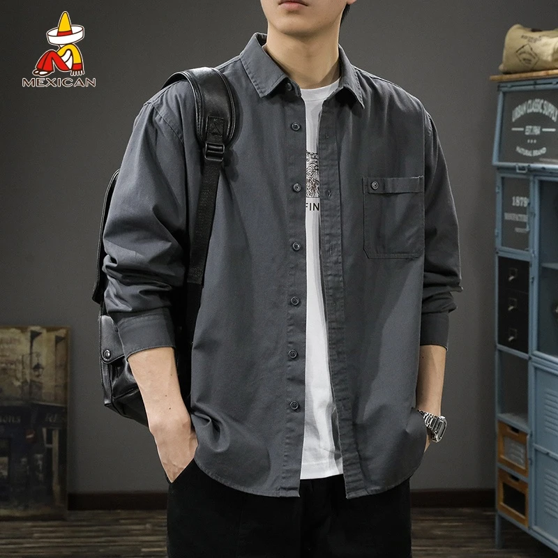 Mexican/稻草人春秋复古纯棉长袖衬衣男宽松翻领衬衫休闲工装外套