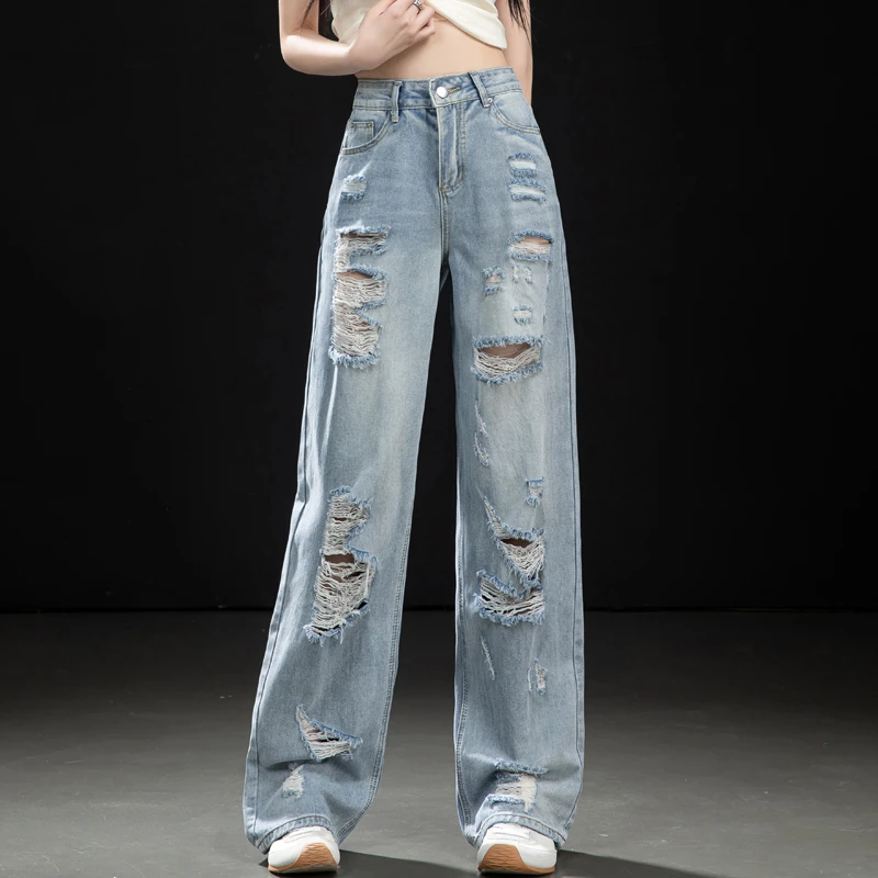 美式辣妹牛仔裤女款爆款2025新款夏季破洞乞丐裤高街直筒阔腿长裤