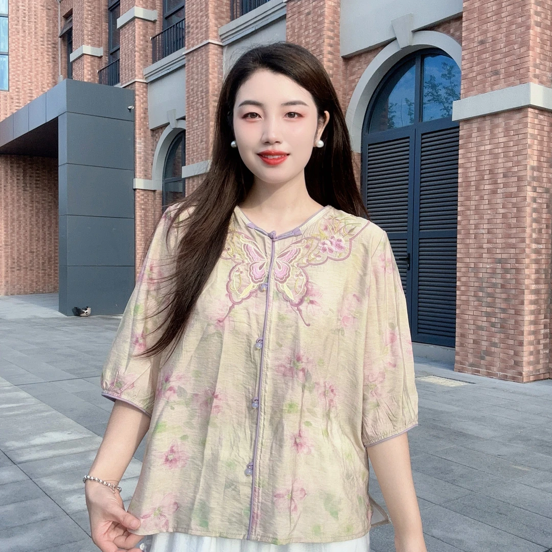 国风新中式气质文艺刺绣衬衫女装2025夏季新款休闲百搭超好看上衣