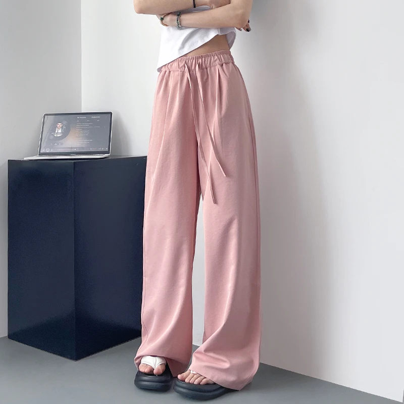 粉色阔腿裤女夏季冰丝速干舒适休闲裤大码胖mm显瘦藏肉200斤长裤