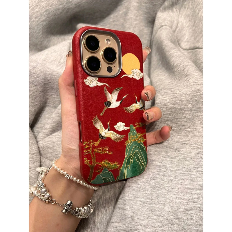 腾云仙鹤适用苹果16 ProMax手机壳荔枝纹iphone1514高级131211套