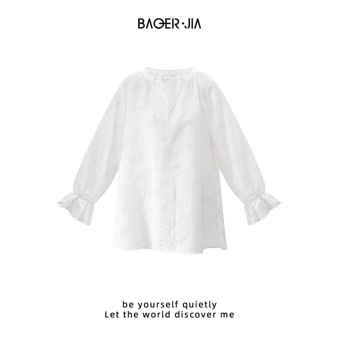 26-宝儿家含幂BK51424309春季新款简约小V领时尚设计感荷叶边衬衣